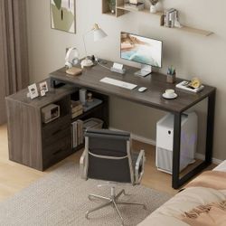 New 55 Inch L-Shaped Corner Computer Desk with File Cabinet, Power Outlet, Home Office Desk with 2 Drawers and 3 Storage Shelve, Workstation Executive