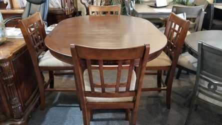 Brand new brown oval counter high dining table (60"x42"x36"H, 18" Leaf) + 4 brown linen chairs