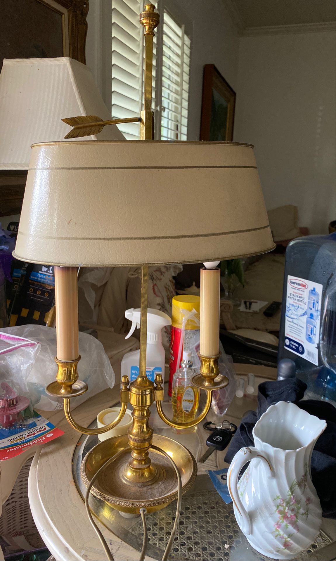 Gold and beige Brass and metal shade desk lamp