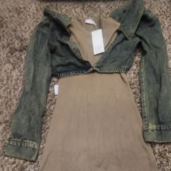 Green Denim Jacket with Beige Dress