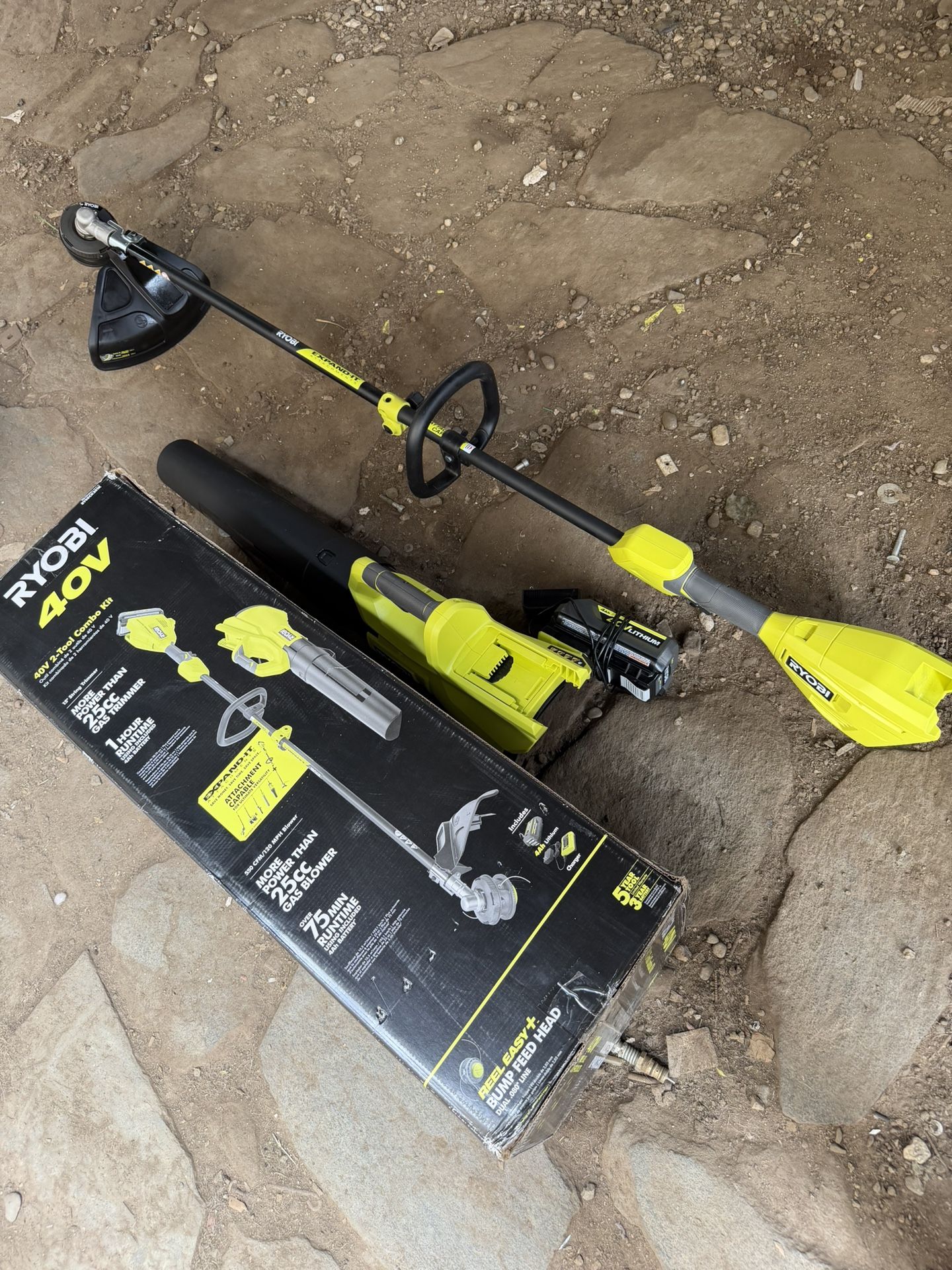 RYOBI 40V HP Brushless 650 CFM 160 MPH Cordless Leaf Blower and Carbon Fiber String Trimmer with 4Ah Battery and Charger