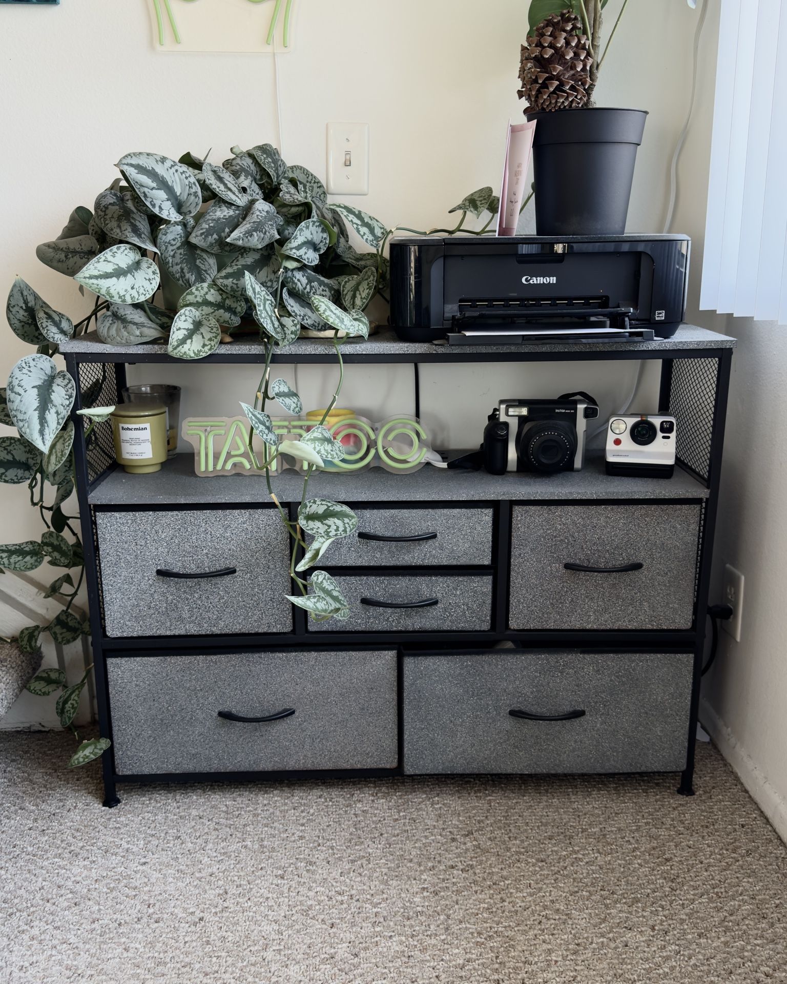TV Stand with Power Outlet and Fabric Drawers, Gray