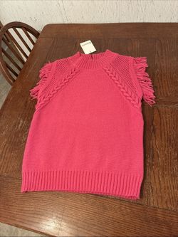 &Merci Sleeveless Sweater Women’s L Pink Pullover Fringe Cable Knit NWT