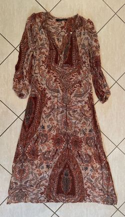 Zara Woman Boho Paisley Maxi Dress Rust Maroon Cream Raw Frayed Trim Small S