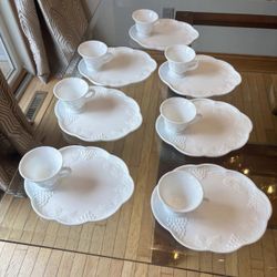 Vintage Set of 7 White Milk Glass Colony Harvest Snack Plate and Tea Cup Sets