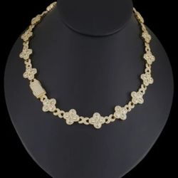 14K Gold Plated Cz Clover Flower Choker Chain Necklace And Bracelet Set