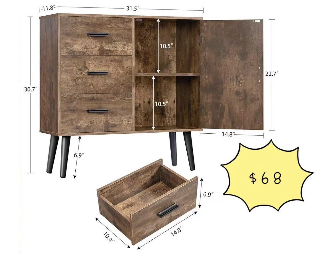 😀 Iwell Storage Cabinet with 3 Drawers & Adjustable Shelf, Mid Century Cabinet with Door, Accent Cabinets for Living Room, Home Office, Entryway