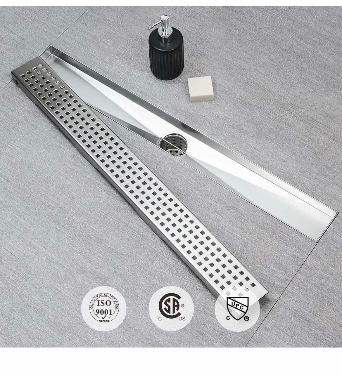 NEW IN BOX - SaniteModar Linear Shower Drain, Shower Drain 60 inch with Removable Square Hole Panel, AISI Brushed 304 Stainless Steel Shower Floor Lin