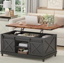 Farmhouse Lift Top Coffee Table with Storage Sliding Barn Door & Large Hidden Compartment, Coffee Table with Lifting Top with Wooden Lift Tabletop, Bl
