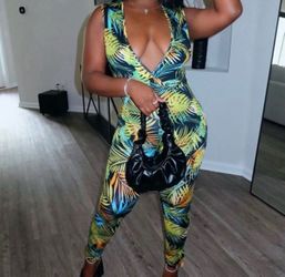 Large Tropical Print Sleeveless Jumpsuit