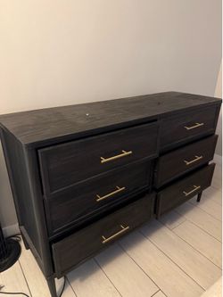 Modern 6 Drawer Dresser – Dark Wood w/ Gold Handles