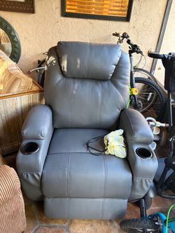 Gray Leather Power Recliner Chair with Massage Remote