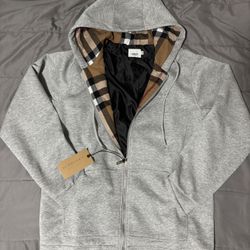grey burberry zip-up hoodie