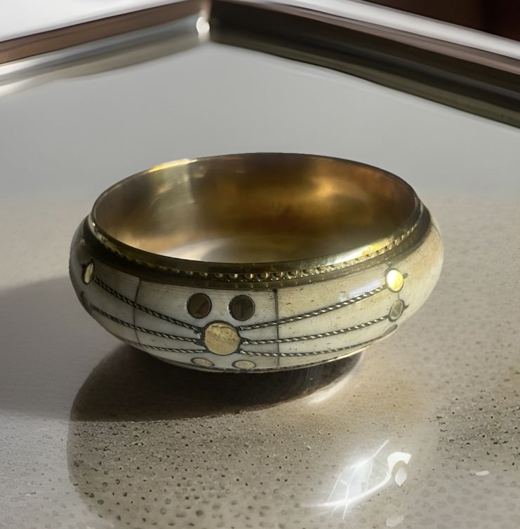 Vintage Carved Ivory Engraved Brass Bangle Bracelet
