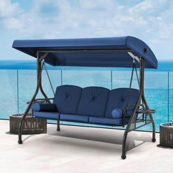 EROMMY 3-Seat Patio Porch Swing With Adjustable Canopy, Blue  【750LBS STABLITY】The metal pipe fittings on the top, sturdy hook and thickened seat tube