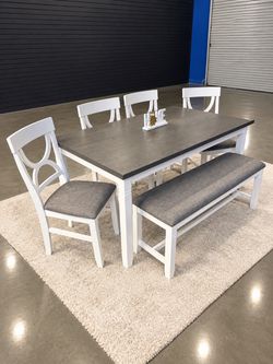 Dining Table Set with Bench-Modern Table, Chairs & Bench, White or Gray