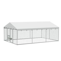 15x10 FT Large Outdoor Dog Kennel with Canopy, Heavy Duty Galvanized Steel Frame, Waterproof Cover, Built-in Elevated Feeding Bowls, Escape-Proof Lock