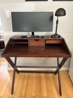 Desk, monitor and lamp