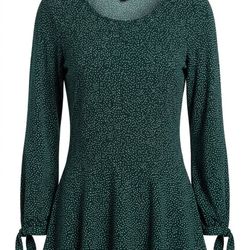 Polyester blend forest green with black and white dots, peplum top, Banana Repub
