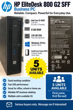 Used HP EliteDesk 800 G2 SFF PC featuring an Intel Core i5-6500 processor, 8GB RAM, 230GB SSD, and Windows 10 Pro