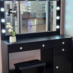 Black Vanity Table With Mirror Light Bulbs And Stool 
