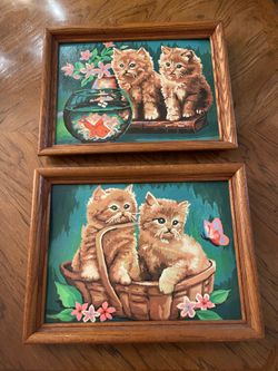 2 Matching Vintage Cat Paintings In Wooden Frames $30.00 Each or $50.00 for the Pair