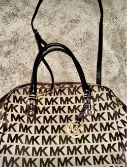Michael Kors Black and Beige MK Logo Satchel with Gold Hardware