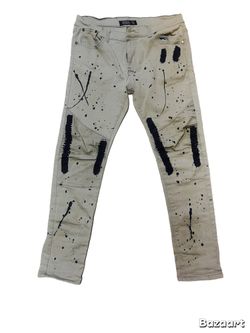 Men's Distressed Paint Splatter Moto Jeans / Pants - Streetwear Look