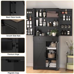72" Tall Farmhouse Kitchen Pantry Cabinet, Large Storage Cabinet with 6 Adjustable Shelves, 4 Barn Doors & Drawer for Bathroom, Dining Room, Black