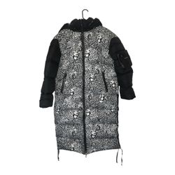 Long Puffer Down Coat with Animal Print leather trim New
