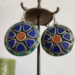 Vintage Southwestern Lapis, Coral, & Turquoise Inlay Round Earrings 
