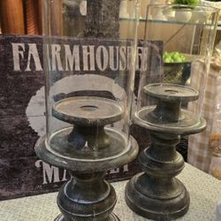 Pair Of Farmhouse Wood Candle Holders With Glass Votives