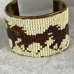 Running Horses Seed Beaded Cuff Bracelet 9” Adjustable 2” Tall Nice!