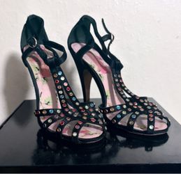 Betsey Johnson Black Strappy Heeled Sandals with Multicolor Gems