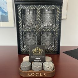 R.O.C.K.S. Whiskey Chilling Stones And Crystal Whiskey Glasses NEW