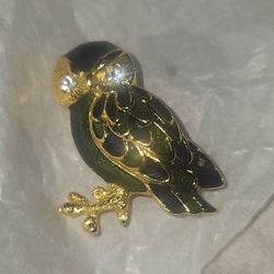 Goldtone Green Enamel Rhinestones OWL BIRD Shape Pin Brooch