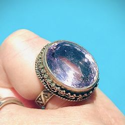Art Deco Vintage sterling silver ring with oval amethyst SIZE 3**US SHIPPING available **