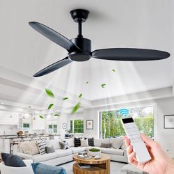 52"" Matte Black Ceiling Fan with Remote, Modern Ceiling Fans with Quiet Reversible DC Motor, 6 Speed, Timing, 3 Blades Ceiling Fan For Outdoor/Bedro