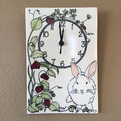 Vintage Handpainted Ceramic Bunny Strawberries Ceramic Wall Clock