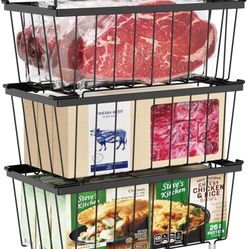 iSPECLE Chest Freezer Basket - 3 Pack Small Stackable Freezer Bins for Most 7 Cu.FT Deep Freezer Sort Frozen Food, Deep Freezer Organizer Bins with Ha