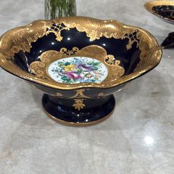 Gorgeous, Blue and gold porcelain footed dish floral design