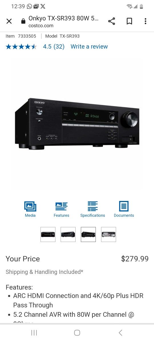Onkyo TX-SR393 80W 5.2-Channel AV Receiver with Dolby Atmos