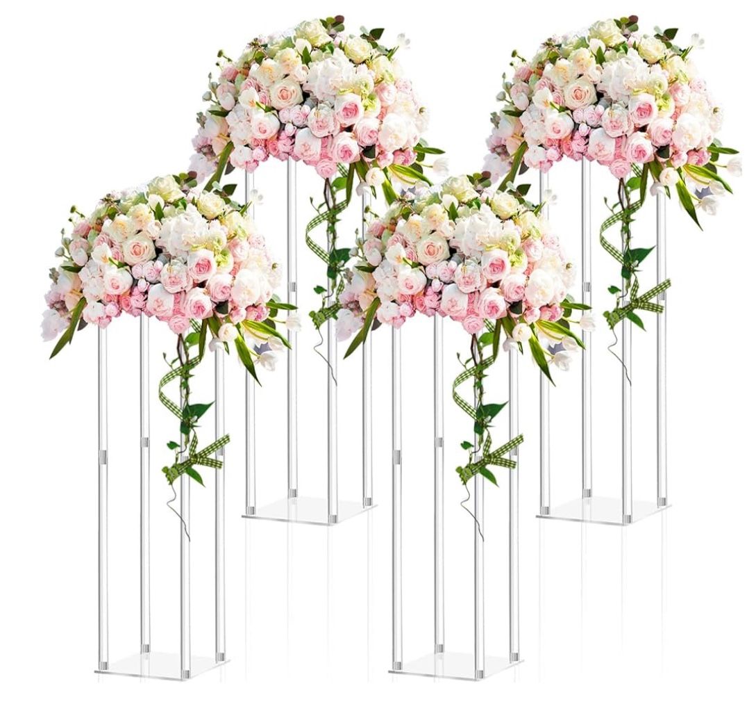 New.  4 Pieces 28 Inch Tall Acrylic Vase Wedding Centerpieces Clear Flower Stand Column Geometric Floral Vase Elegant Display Holder for Birthday Part