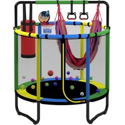 Mini Round Trampoline for Kids with Basketball Hoop, SEGMART 55'' Indoor Outdoor Toddler Trampoline with Enclosure Net, Swing, Sandbag, Ring, Ocean Ba