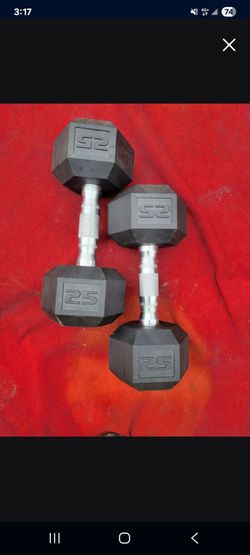SET OF 25LB. RUBBER COATED HEXHEAD DUMBBELLS TOTAL 50LBs  11525 S HALSTED DUNKIN DONUTS/7111.S WESTERN WALGREENS
 50$  CASH ONLY AS IS