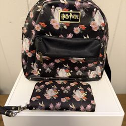 Harry Potter Wizarding Floral Owl black mini backpack with Matching Wallet