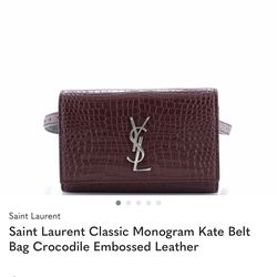 AUTHENTIC SAINT LAURENT YSL Classic Monogram Kate Belt Bag Crocodile Embossed Leather - BURGUNDY