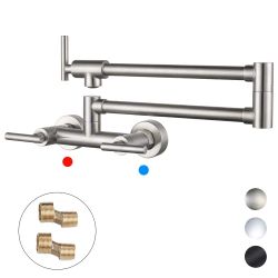 Wall Mounted Pot Filler with Hot Cold Water control Double Joint Swing Arm in Brushed Nickel