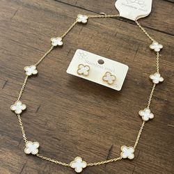 Stainless Steel White Clover Matching Earrings and Necklace Set