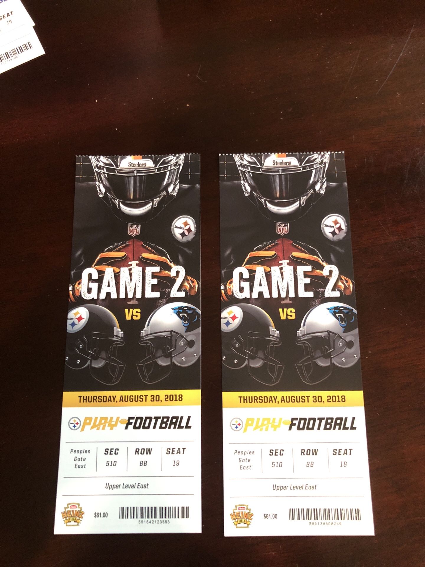 2 tickets for Steelers vs Panthers preseason game on 8-30-18